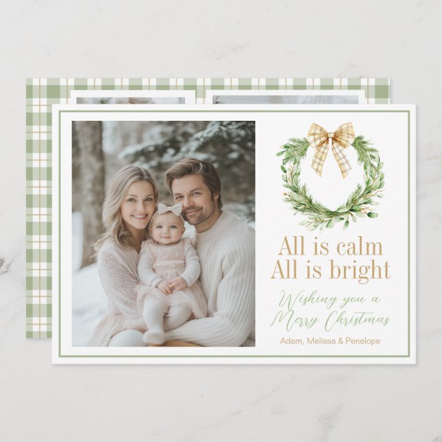 Tarjeta de Navidades de flor Wreath Preppy Bow Oli (Anverso / Reverso)