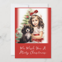 Tarjeta de Navidades de foto de niñita y cachorro