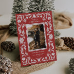 Tarjeta de Navidades de fotografía botánica de Orn<br><div class="desc">Marco botánico ordenado,  tarjeta de vacaciones fotográficas. Líneas de texto de plantilla para el saludo de vacaciones,  nombre y año.</div>