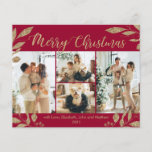 Tarjeta de Navidades de fotografía con elegancia d<br><div class="desc">Presupuesto, Elegante, moderno oro y botánicas borgoñas 4 Collages de fotos Feliz Navidad (delgada!) Tarjeta. Esta plantilla festiva, mimánica, caprichosa de cuatro (4) fotos de tarjetas de vacaciones presenta un collage de fotos de la cuadrícula de bonito, hojas botánicas de Relieve metalizado de oro falsas, bayas de invierno y dice...</div>