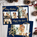 Tarjeta de Navidades de fotografía con elegancia G<br><div class="desc">Presupuesto, Elegante, Moderno, Oro y Saltos Botánicos de la Marina 4 Collages de fotos de la tarjeta navideña navideña. Esta plantilla festiva, mimánica, caprichosa de cuatro (4) fotos de tarjetas de vacaciones presenta un collage de fotos de bonito, hojas botánicas de Relieve metalizado de oro falsas, bayas de invierno y...</div>