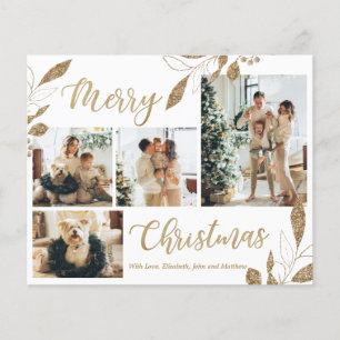 Tarjeta de Navidades de fotografía con hojas de or