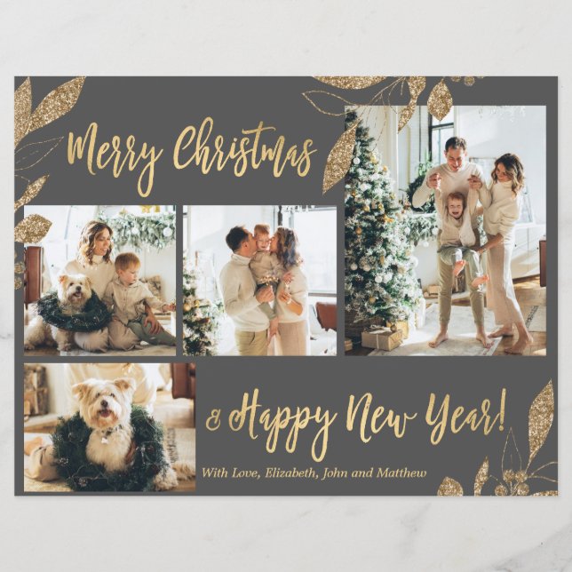 Tarjeta de Navidades de fotografía con hojas de or (Anverso)