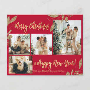Tarjeta de Navidades de fotografía con hojas de or