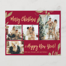 Tarjeta de Navidades de fotografía con hojas de or