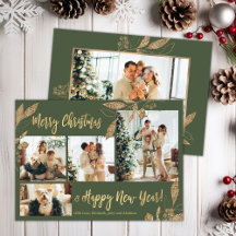 Tarjeta de Navidades de fotografía con hojas de or