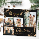 Tarjeta de Navidades de fotografía con hojas de or<br><div class="desc">Presupuesto, Elegante, moderno Oro y hojas botánicas negras 4 Collages de fotos Feliz Navidad Festividad personalizada a bajo precio tarjeta THIN. ***POR FAVOR, TEN EN CUENTA QUE! *** PAPEL PRESUPUESTARIO/VOLADOR DELGADO. *** ACTUALIZAR EL DOCUMENTO PARA UN PAPEL MÁS ESPESO. *** Esta plantilla de cuatro (4) plantillas de tarjetas de festividad...</div>