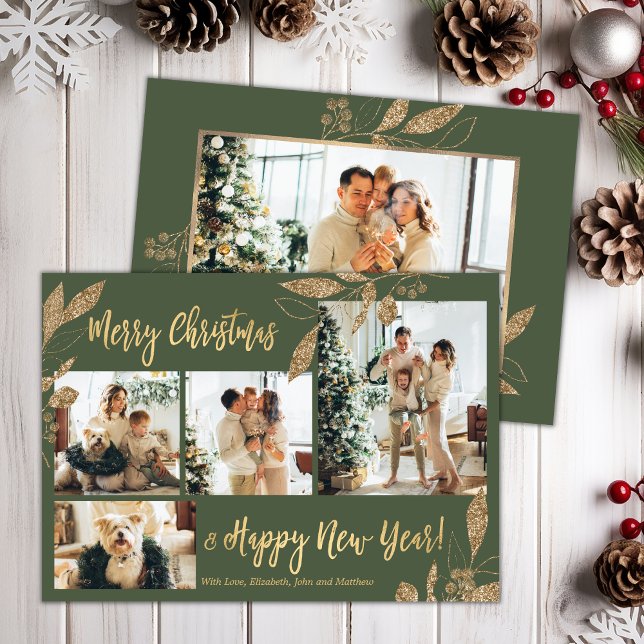 Tarjeta de Navidades de fotografía con hojas de or (Subido por el creador)