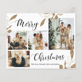 Tarjeta de Navidades de fotografía con hojas de or