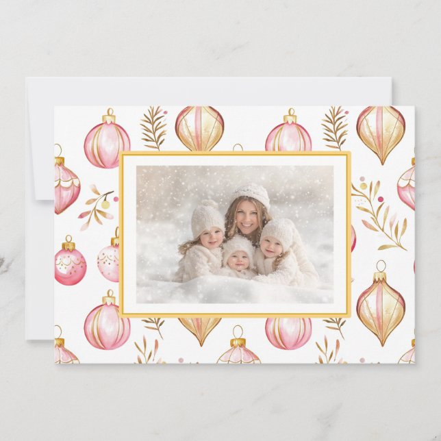 Tarjeta de Navidades de fotografía con ornamentos  (Anverso)