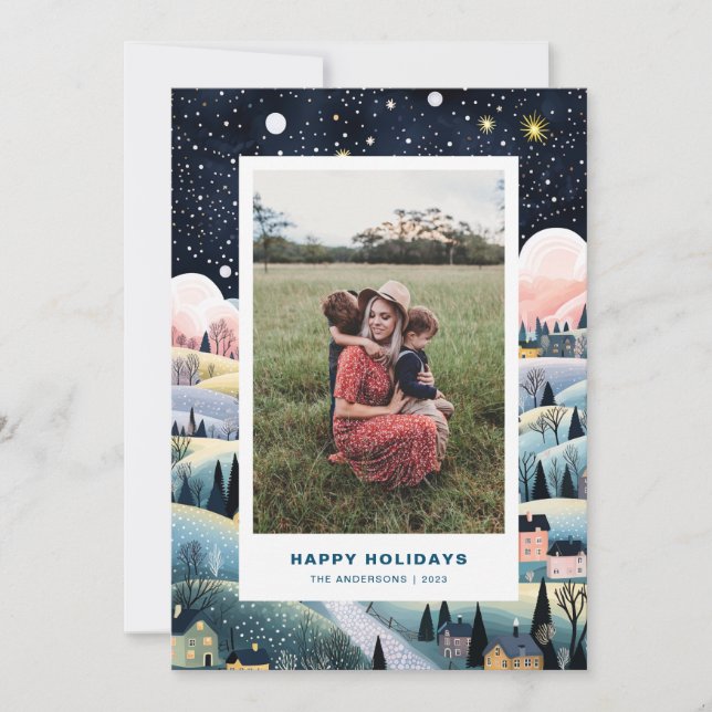 Tarjeta de Navidades de fotografía de aldea de nav (Anverso)