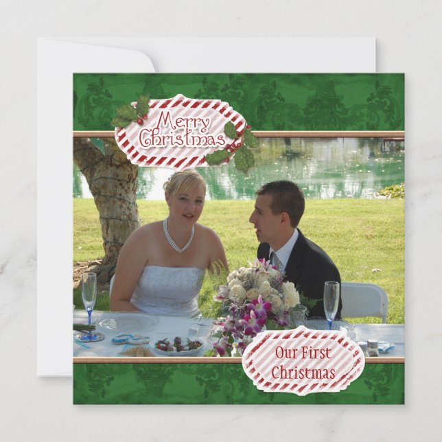 Tarjeta de Navidades de fotografía de Green Damask (Anverso)