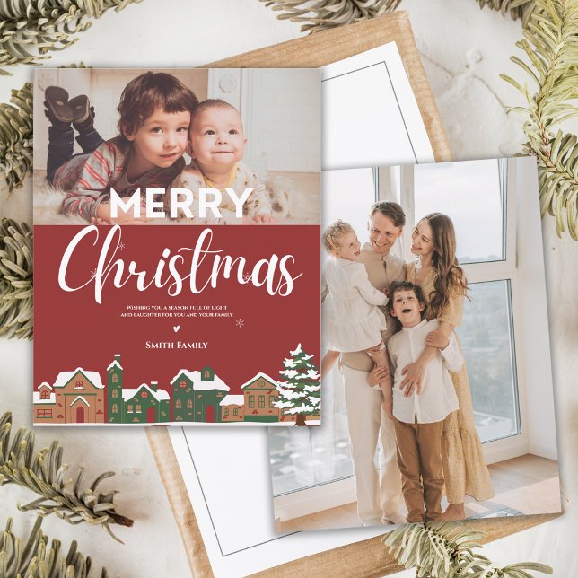 Tarjeta de Navidades de fotografía de Ilustracion  (Festive Village Illustration Photo Christmas Card)