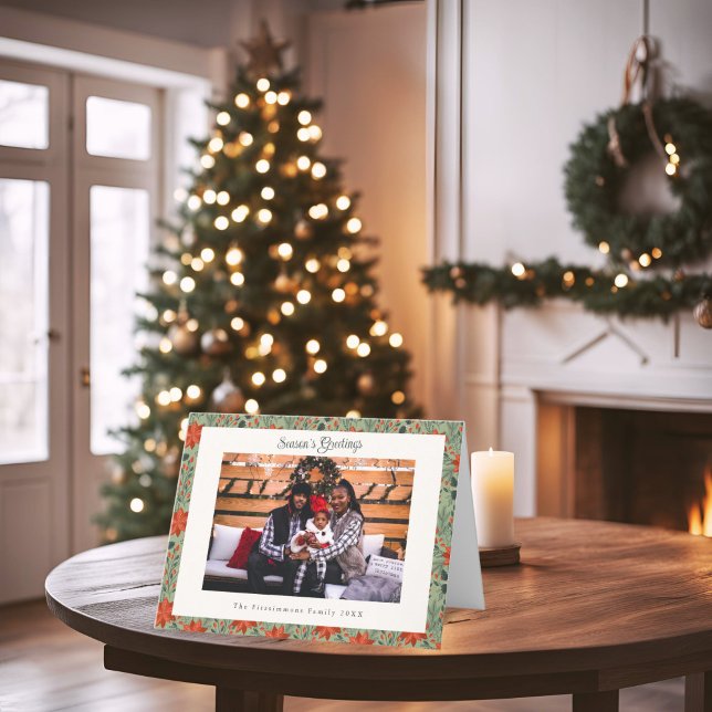 Tarjeta de Navidades de fotografía de la moderna p (Poinsettia Season Folded Photo Christmas Card sage green)