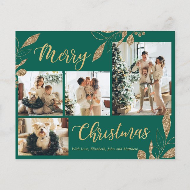 Tarjeta de Navidades de fotografía de oro verde el (Anverso)