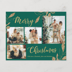 Tarjeta de Navidades de fotografía de oro verde el