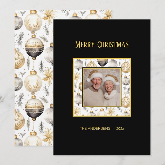 Tarjeta de Navidades de fotografía negra con ornam (Anverso / Reverso)