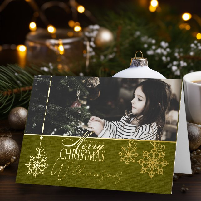 Tarjeta de Navidades de fotos de los deseos de nav (Elegant vintage holly jolly Christmas Card personalized holiday card with name and photo)