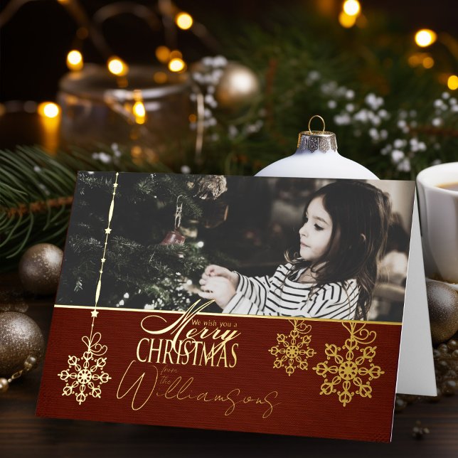 Tarjeta de Navidades de fotos de los deseos de nav (Elegant vintage holly jolly Christmas Card personalized holiday card with name and photo)