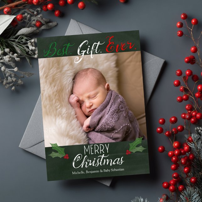 Tarjeta de Navidades de fotos de mejor regalo de l (Best Gift Ever Chalkboard Photo Christmas Card)