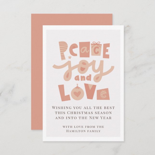 Tarjeta de Navidades de fotos de Peace Love Joy (Anverso / Reverso)