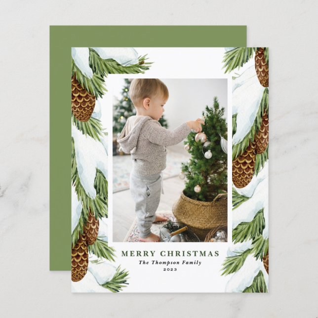 Tarjeta de Navidades de fotos de pinecones de niev (Anverso / Reverso)