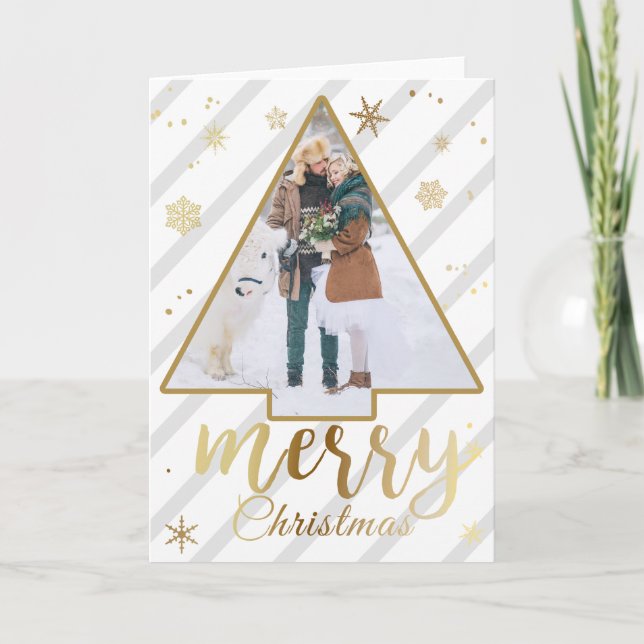 Tarjeta de Navidades de fotos de rayas y oro (Anverso)