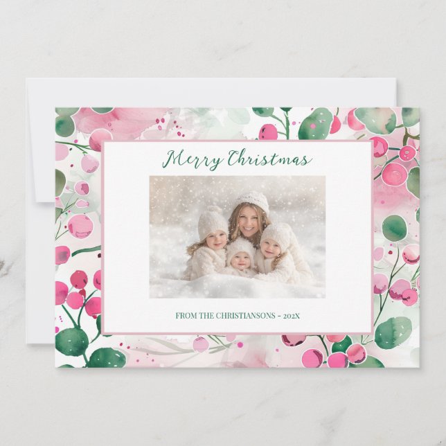 Tarjeta de Navidades de fotos florales de Pink Ber (Anverso)