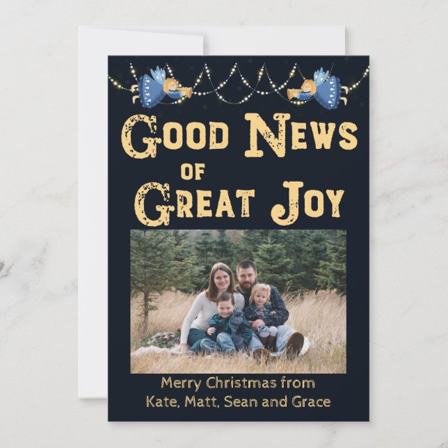 Tarjeta de Navidades de fotos Good News of Great J (Anverso)
