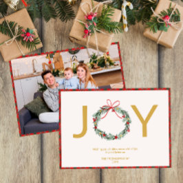 Tarjeta de Navidades de fotos JOY Wreath con recor