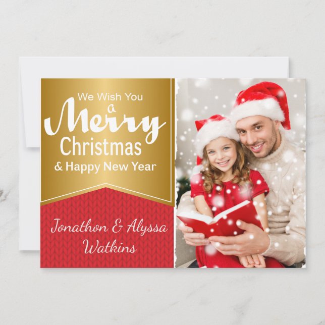 Tarjeta de Navidades de fotos rojas y doradas (Anverso)