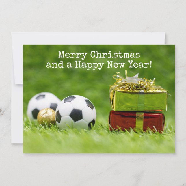 Tarjeta de Navidades de fútbol con bolas y cajas d (Anverso)
