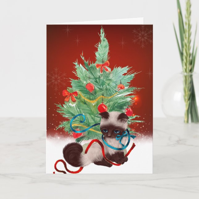 Tarjeta de Navidades de gatito siamesa (Anverso)