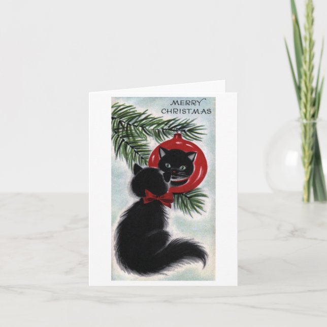 Tarjeta de Navidades de gato negro vintage (Anverso)