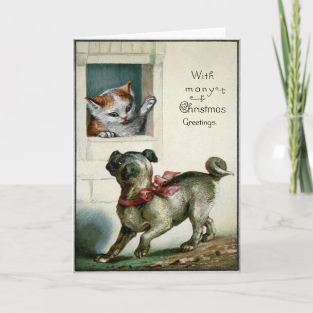 Tarjeta de Navidades de gato y perro victorianos d (Anverso)