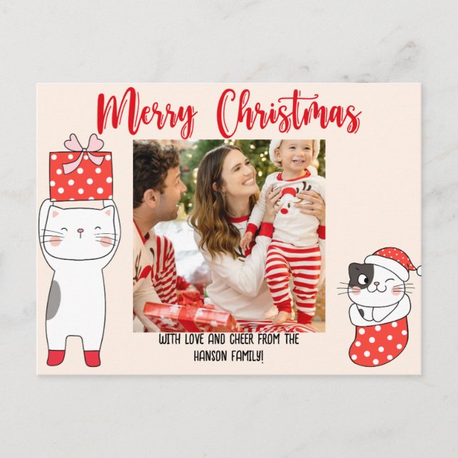 Tarjeta de Navidades de gatos de la custodia roja (Anverso)