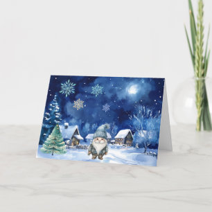 Tarjeta de Navidades de Gnome Azul y Snowflakes