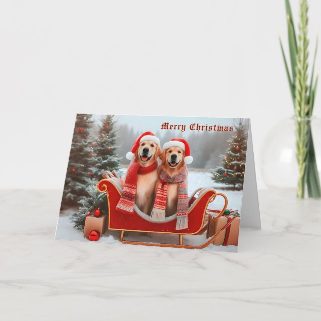 Tarjeta de Navidades de Golden Retrivers en Sleigh (Anverso)