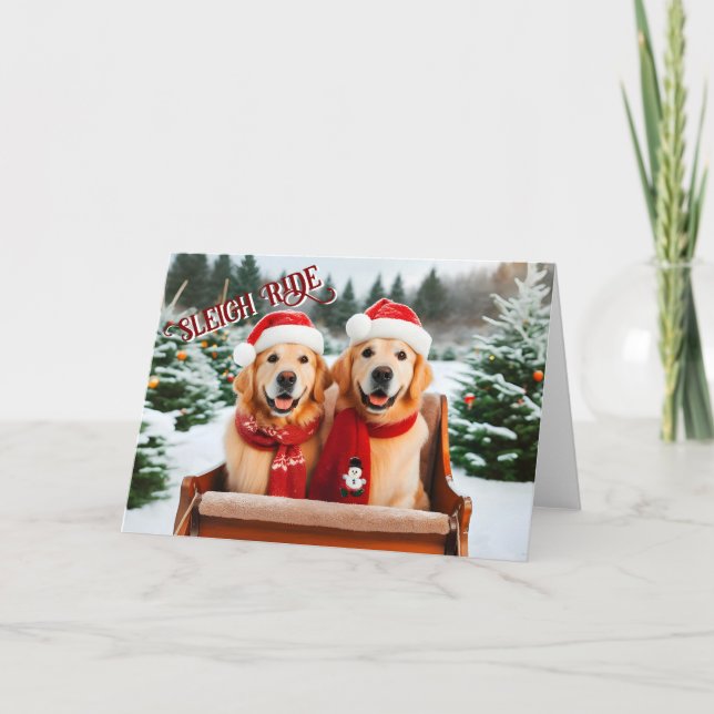 Tarjeta de Navidades de Golden Retrivers Sleigh Ri (Anverso)