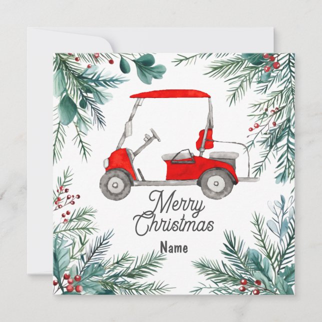 Tarjeta de Navidades de golf con carrito de golf (Anverso)