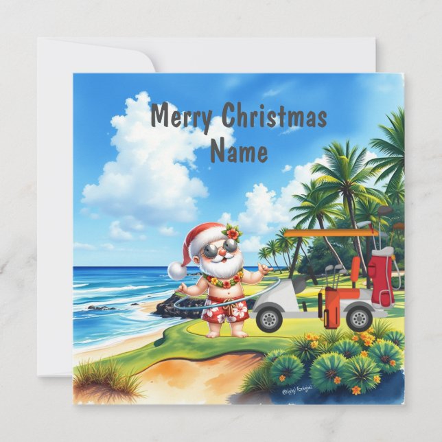 Tarjeta de Navidades de golf con carrito de golf y (Anverso)