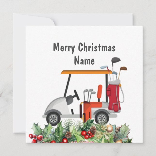 Tarjeta de Navidades de golf con carrito de golf y (Anverso)