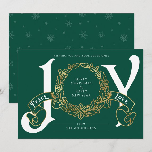 Tarjeta de Navidades de Green Gold Joy Peace Love  (Anverso / Reverso)