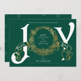Tarjeta de Navidades de Green Gold Joy Peace Love