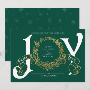 Tarjeta de Navidades de Green Gold Joy Peace Love 