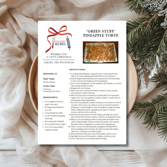 Tarjeta de Navidades de Green Stuff de recetas de  (Holiday Recipes Green Stuff Pineapple Torte Christmas Card 5x7)