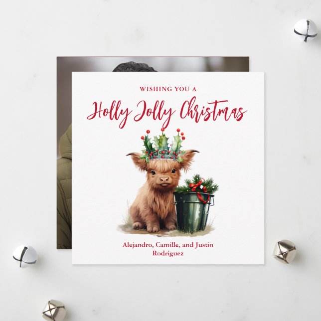 Tarjeta de Navidades de Highland Cow Holly Jolly - (Anverso/Reverso In Situ)