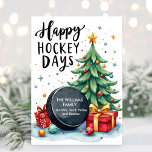 Tarjeta de Navidades de hockey de nombre de famili<br><div class="desc">Tarjeta de Navidades de hockey sobre acuarela con el texto Happy Hockey Days (Feliz Día de Hockey sobre Agua) y el nombre de su familia y los nombres individuales.</div>