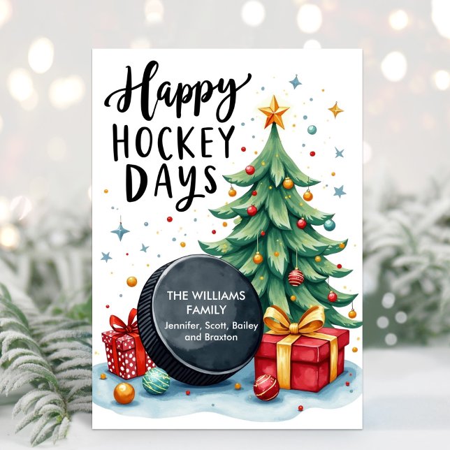 Tarjeta de Navidades de hockey de nombre de famili (Hockey Christmas Card)