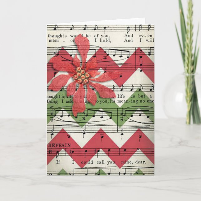 Tarjeta de Navidades de hojas de música roja y ver (Anverso)
